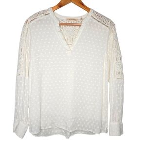 Soft Surroundings Womens Cream Swiss Dot Contrast Lace Crochet Boho Blouse XS